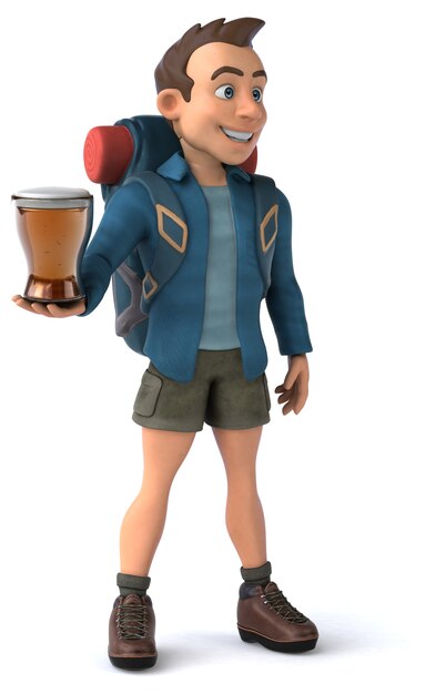 Grappige illustratie van een 3D cartoon backpacker