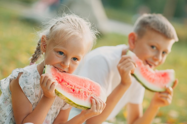 Grappige kleine peuter kinderen broer en zus watermeloen eten op het park. gelukkige jongen en meisje samen. jeugd, gezin, gezond dieetconcept.