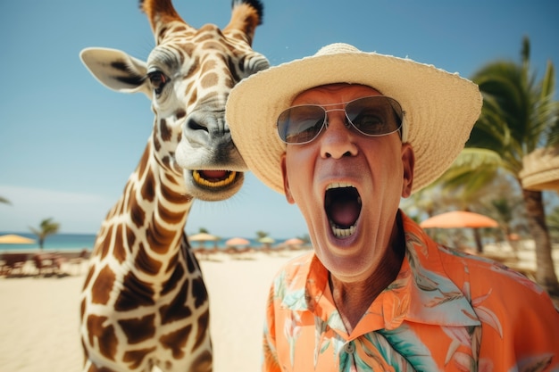 Gratis foto grappige oude man met giraffe.