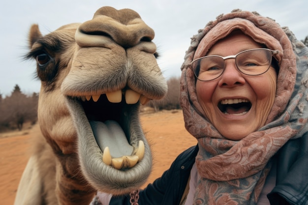 Gratis foto grappige oude vrouw met kameel.
