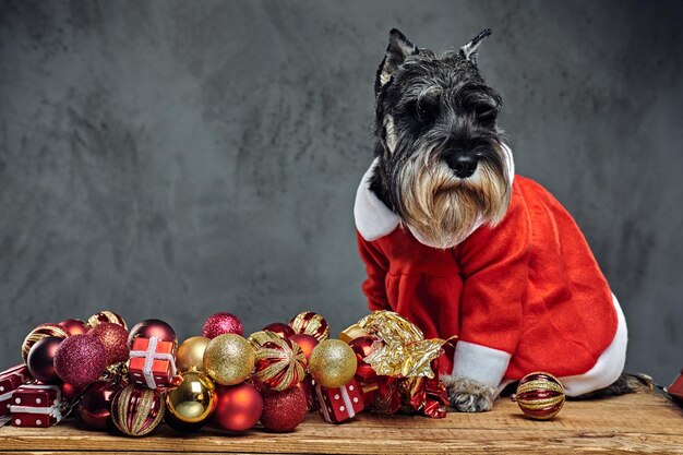 Grappige schnauzer hond gekleed in kerst jurk op een houten kist met kerst slinger ballen over grijze achtergrond.