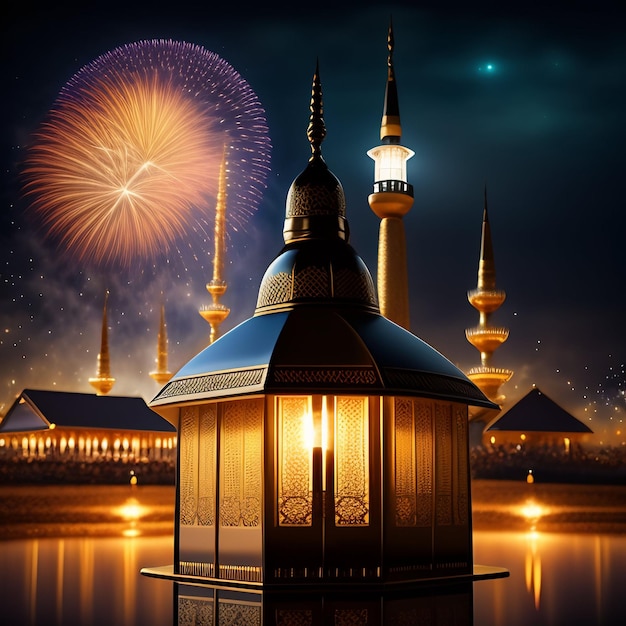 Gratis Foto Achtergrond Ramadan Kareem Eid Mubarak Koninklijke Marokkaanse Lampmoskee met vuurwerk