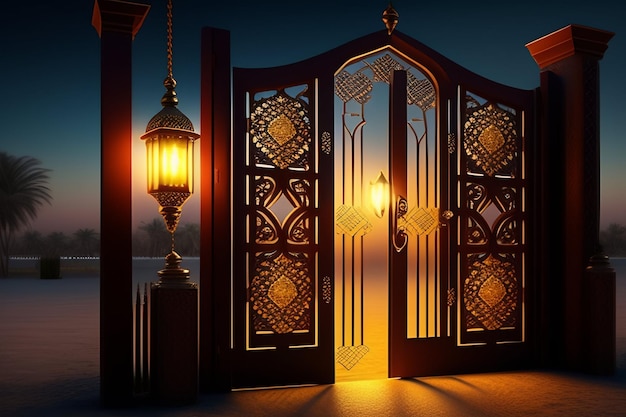 Gratis foto gratis foto ramadan kareem eid mubarak koninklijke elegante lamp met ingang van de moskee heilige poort