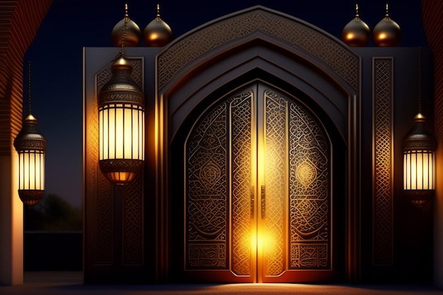 Gratis Foto Ramadan Kareem Eid Mubarak Koninklijke elegante lamp met ingang van de moskee Heilige poort