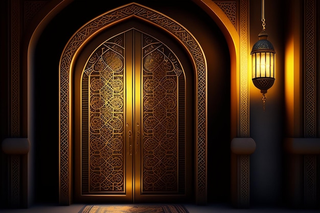 Gratis foto gratis foto ramadan kareem eid mubarak koninklijke elegante lamp met ingang van de moskee heilige poort