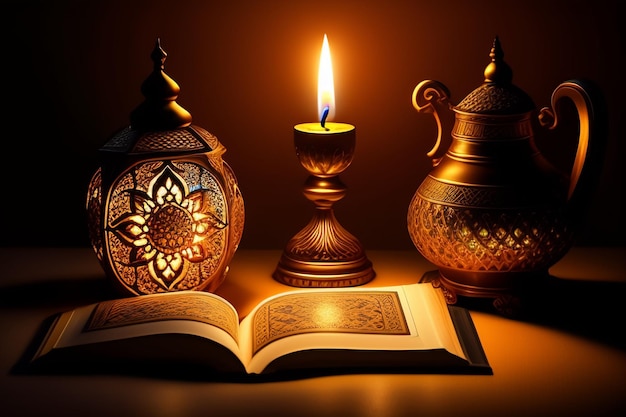 Gratis Foto Ramadan Kareem Eid Mubarak Koninklijke elegante lamp met moskee Heilige poort met vuurwerk