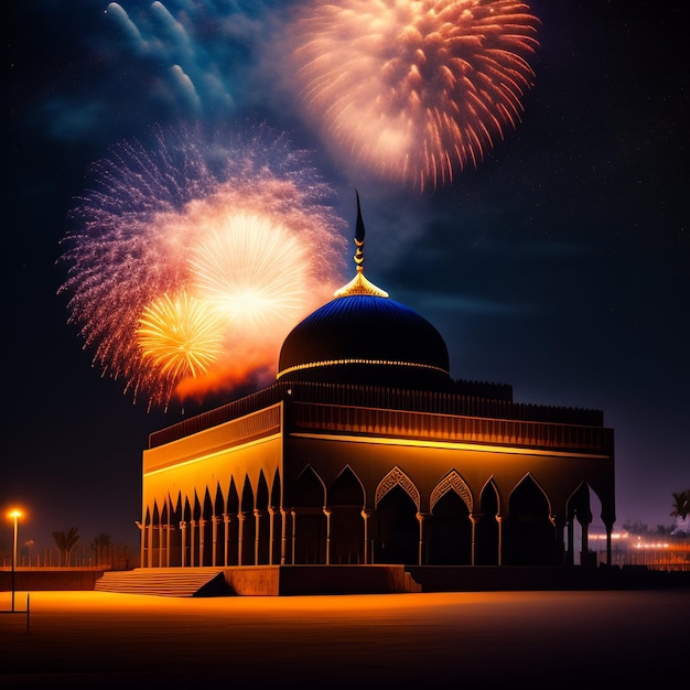 Gratis Foto Ramadan Kareem Eid Mubarak Koninklijke elegante lamp met moskee Heilige poort met vuurwerk