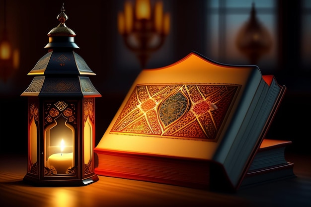 Gratis foto gratis foto ramadan kareem eid mubarak koninklijke elegante lamp met moskee heilige poort met vuurwerk