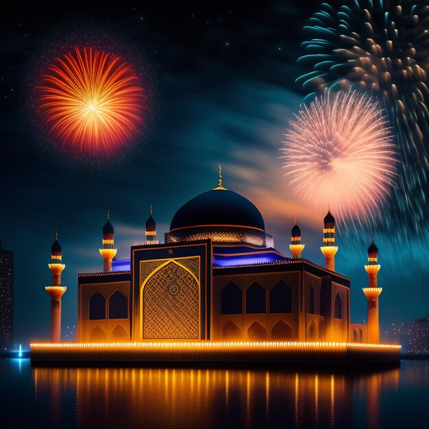 Gratis Foto Ramadan Kareem Eid Mubarak Koninklijke elegante lamp met moskee Heilige poort met vuurwerk