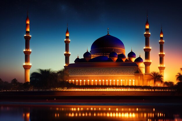 Gratis Foto Ramadan Kareem Eid Mubarak Koninklijke elegante lamp met moskee Heilige poort met vuurwerk