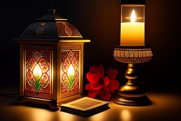 Gratis foto gratis foto ramadan kareem eid mubarak koninklijke elegante lamp met moskee heilige poort met vuurwerk