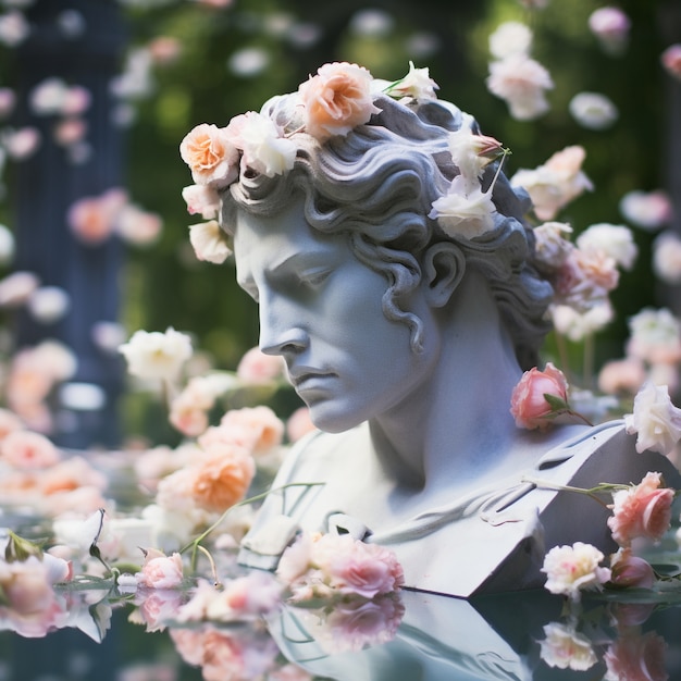 Gratis foto griekse buste omgeven door bloemen