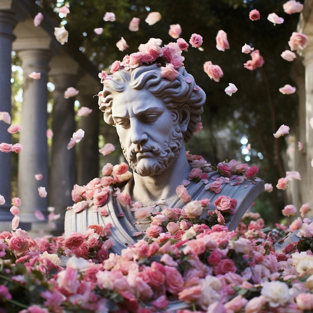 Griekse buste omgeven door bloemen