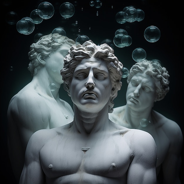 Griekse buste omgeven door zeepbellen