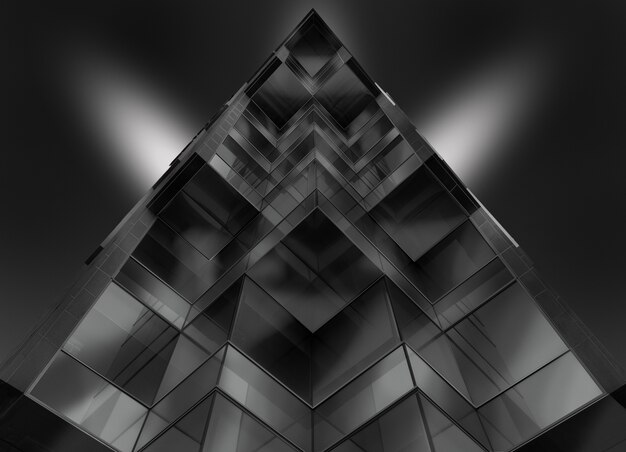 Grijsschaal laag hoekschot van een piramidevormig glasgebouw