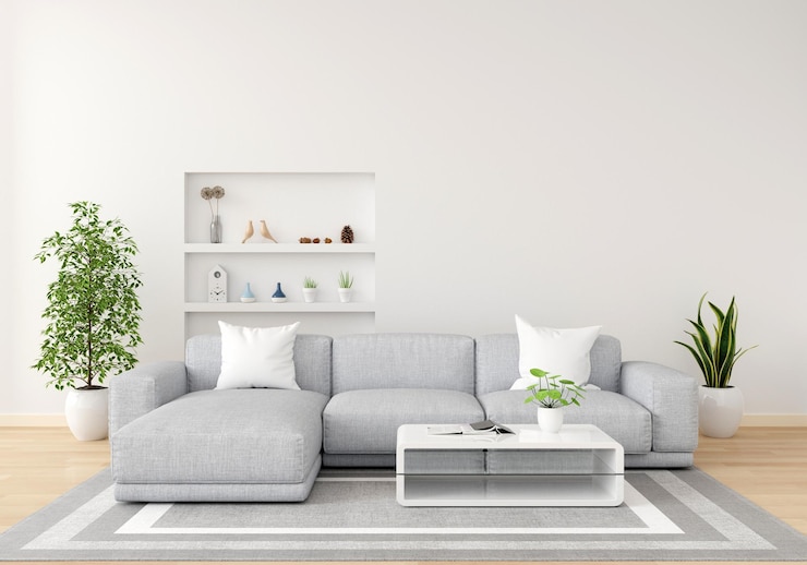 Gratis Foto grijze bank in witte woonkamer met kopieerruimte