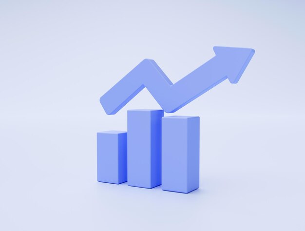 Groei staafdiagram en pijl marketing online winkelen pictogram teken of symbool e-commerce concept op blauwe achtergrond 3d illustratie