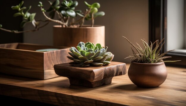 Groene ingemaakte succulent op houten plank binnenshuis gegenereerd door AI