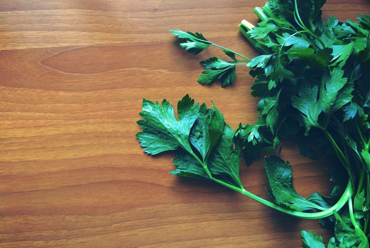 Gratis Foto groene peterselie aan de linkerkant van een houten tafel