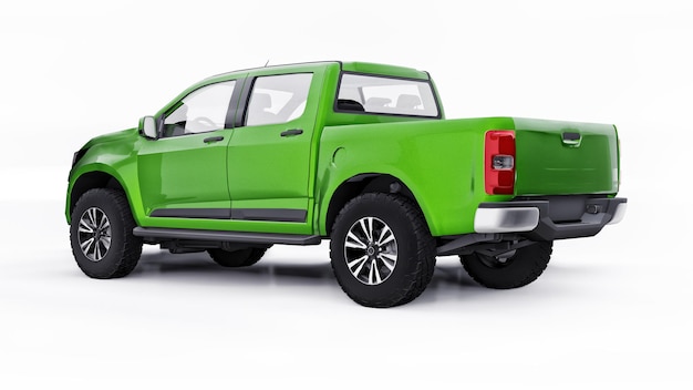 Groene pick-up auto op een witte achtergrond. 3d-rendering.