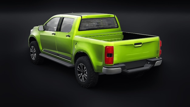 Groene pick-up auto op een zwarte achtergrond. 3d-rendering.