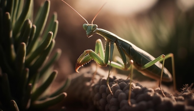 Gratis foto groene sprinkhaan op blad scherpe focus voorgrond gegenereerd door ai