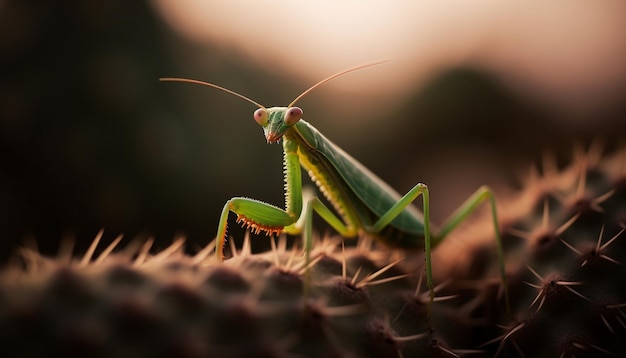 Gratis foto groene sprinkhaan op blad vergroot in de natuur gegenereerd door ai