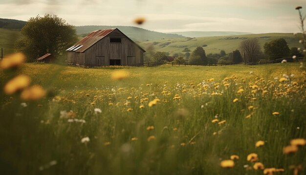 Groene weide gele bloemen rustige rustieke scène gegenereerd door AI