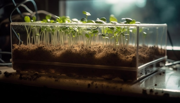 Gratis foto groene zaailinggroei in laboratorium voor wetenschappelijk onderzoek gegenereerd door ai