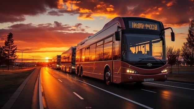 Gratis foto groep bussen die langs de weg rijden bij zonsondergang