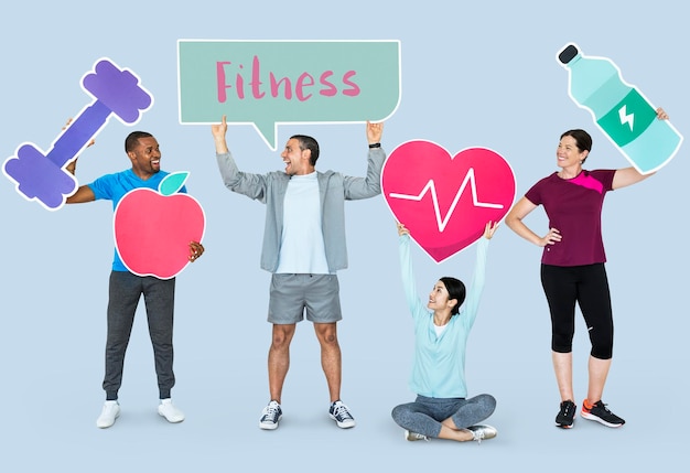 Groep diverse mensen met pictogrammen voor gezondheid en fitness