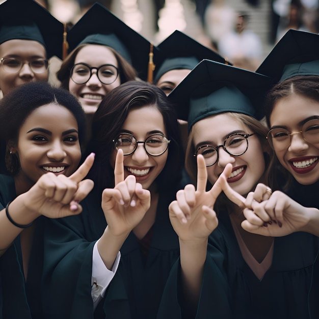 Gratis foto groep gelukkige studenten in afstudeerjurken met v-teken met vingers