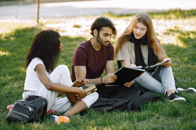 Groep internationale studenten die samen op een gras zitten in het park aan de universiteit. Afrikaanse en blanke meisjes en Indiase jongen die buiten praten