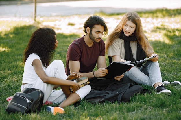 Groep internationale studenten die samen op een gras zitten in het park aan de universiteit. Afrikaanse en blanke meisjes en Indiase jongen die buiten praten