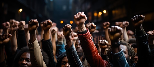 Groep mensen die hun handen opsteken uit een protest tegen racisme en discriminatie