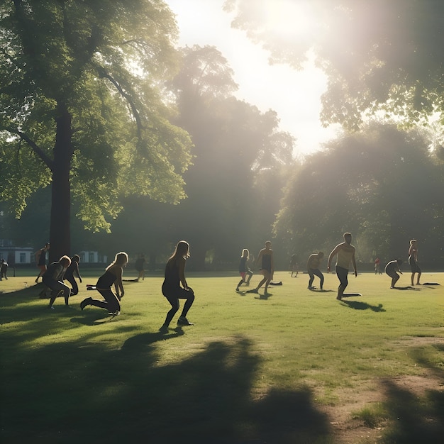 Groep mensen die voetbal spelen in het park bij zonsondergang Sportconcept