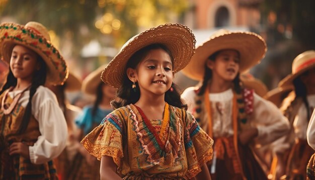 Groep mensen in traditionele kleding glimlachend buitenshuis generatieve AI