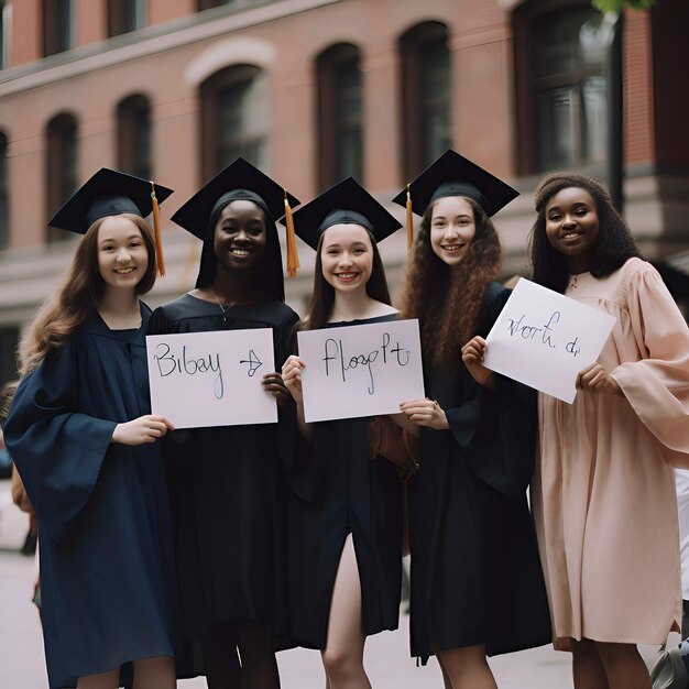 Gratis foto groep studenten in afstudeerjurken en hoeden met plakkaten met inscripties