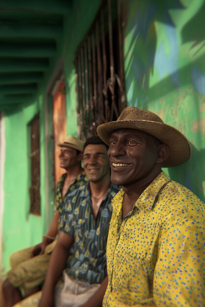 Groep van Colombiaanse mannelijke vrienden die tijd samen doorbrengen en plezier hebben