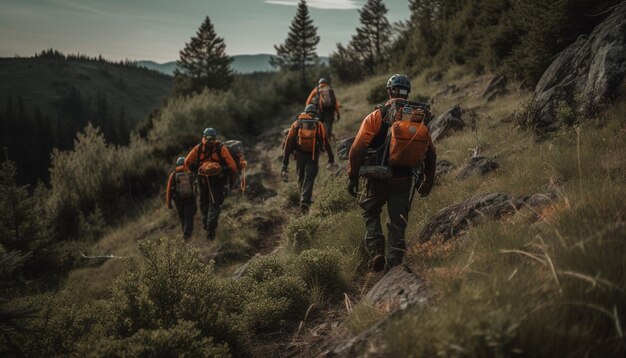 Groep wandelaars die door bergbos lopen, gegenereerd door AI