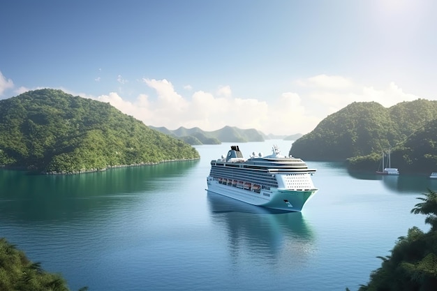 Groot luxueus cruiseschip dat op een zonnige dag in zee vaart Ai generatief