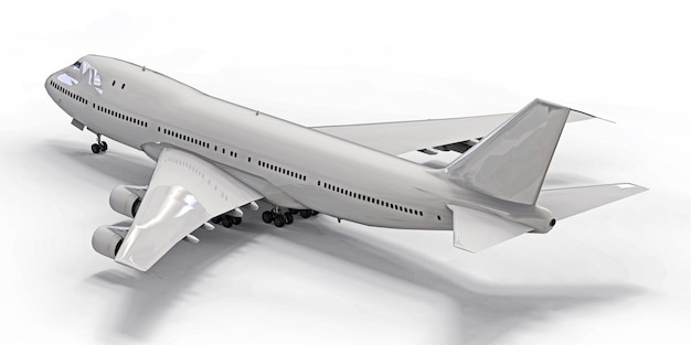 Groot passagiersvliegtuig met grote capaciteit voor lange transatlantische vluchten. wit vliegtuig op witte geïsoleerde achtergrond. 3d illustratie.