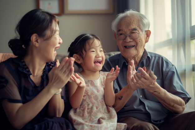Grootoudersdagviering met grootouders en kleinkinderen die een gelukkig gezin tonen