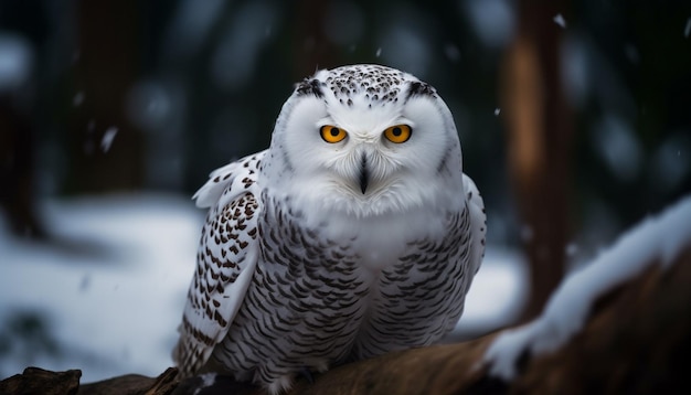 Grote gehoornde uil zitstokken op besneeuwde tak gegenereerd door AI