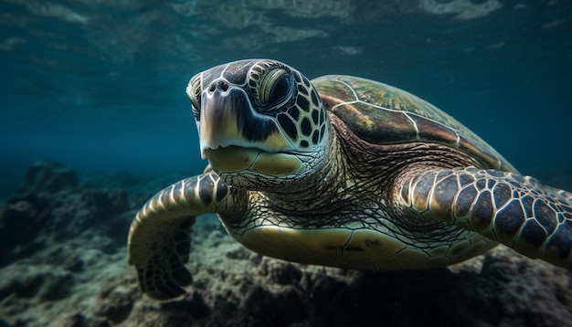 Gratis foto grote groene zeeschildpad zwemmen in rif gegenereerd door ai