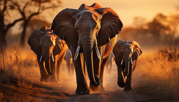 Gratis foto grote groep afrikaanse olifanten die in de afrikaanse savanne lopen, gegenereerd door kunstmatige intelligentie