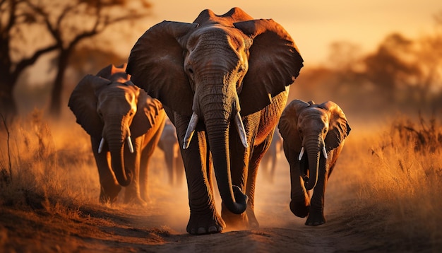 Grote groep Afrikaanse olifanten die in de Afrikaanse savanne lopen, gegenereerd door kunstmatige intelligentie