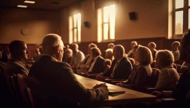 Grote groep mensen die in de klas zitten, leren gegenereerd door AI