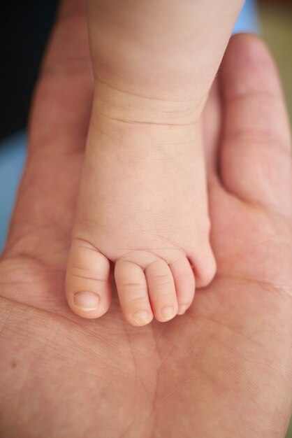 Grote hand die een baby voet