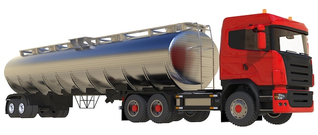 Grote rode tankwagen met een gepolijste metalen aanhanger. uitzicht van alle kanten. 3d illustratie.
